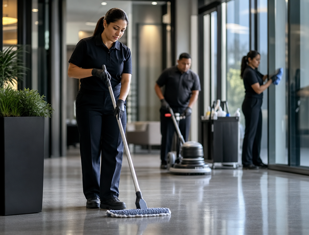 Professional facility care team maintaining a commercial space