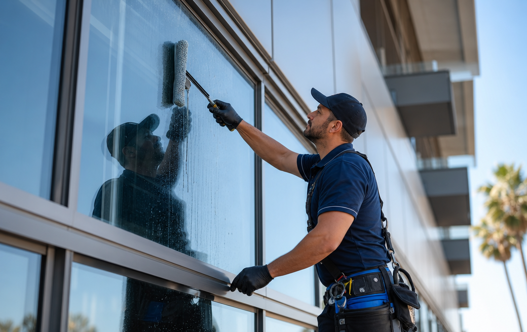 Professional window cleaning on a commercial building