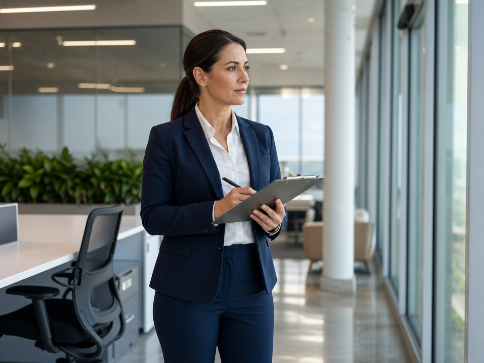 Professional reviewing the condition of a clean commercial office environment