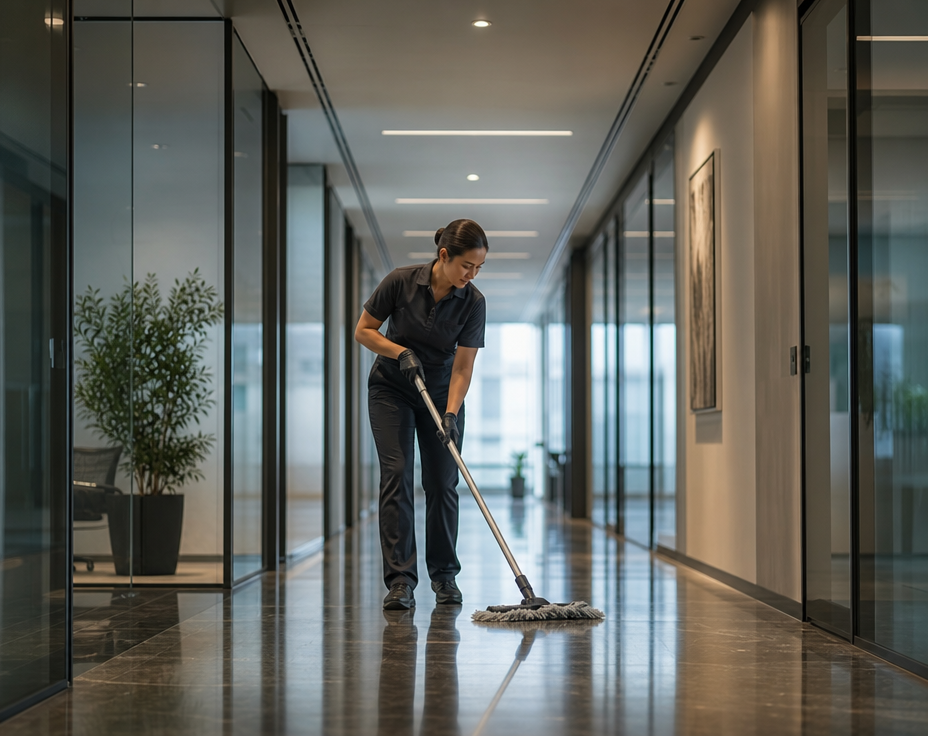 Consistently maintained corporate hallway with professional presentation