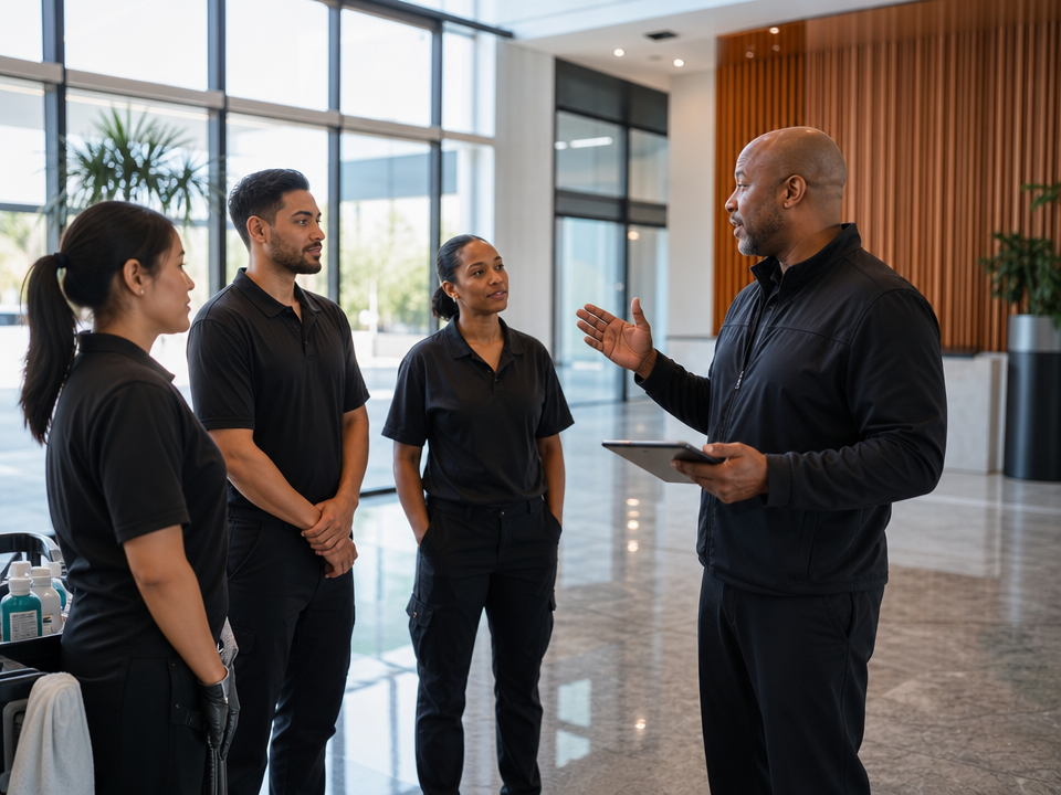 A supervisor guiding a facility services team inside a commercial building