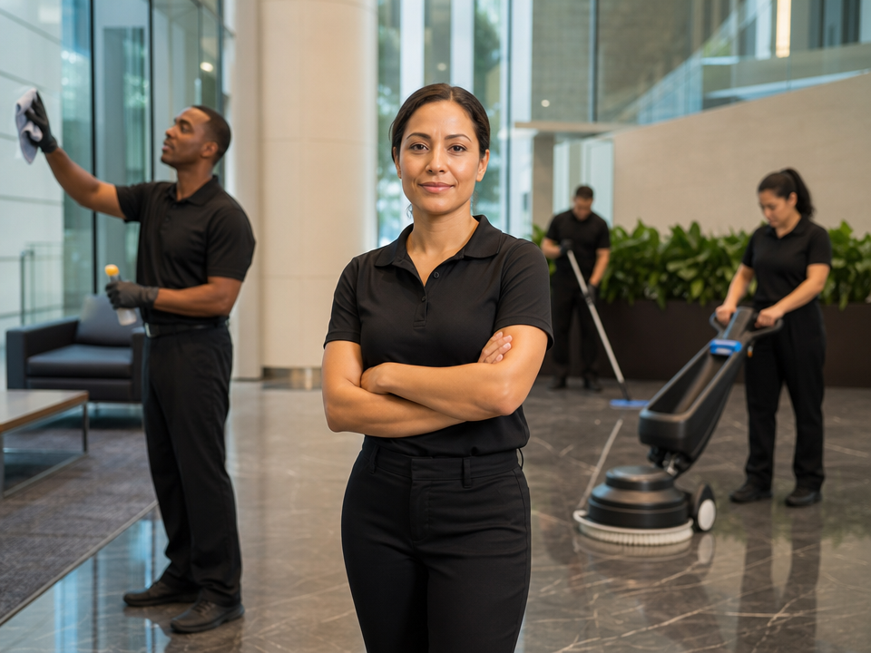 Professional facility services team maintaining a modern corporate lobby