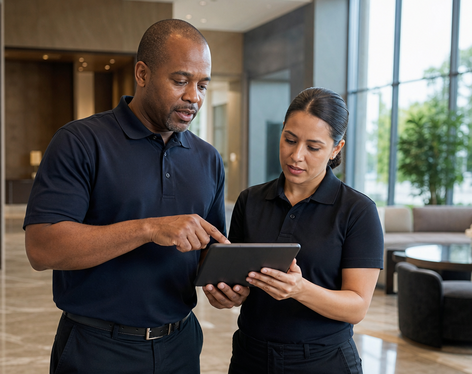Crown supervisor guiding a technician through service procedures inside a commercial lobby