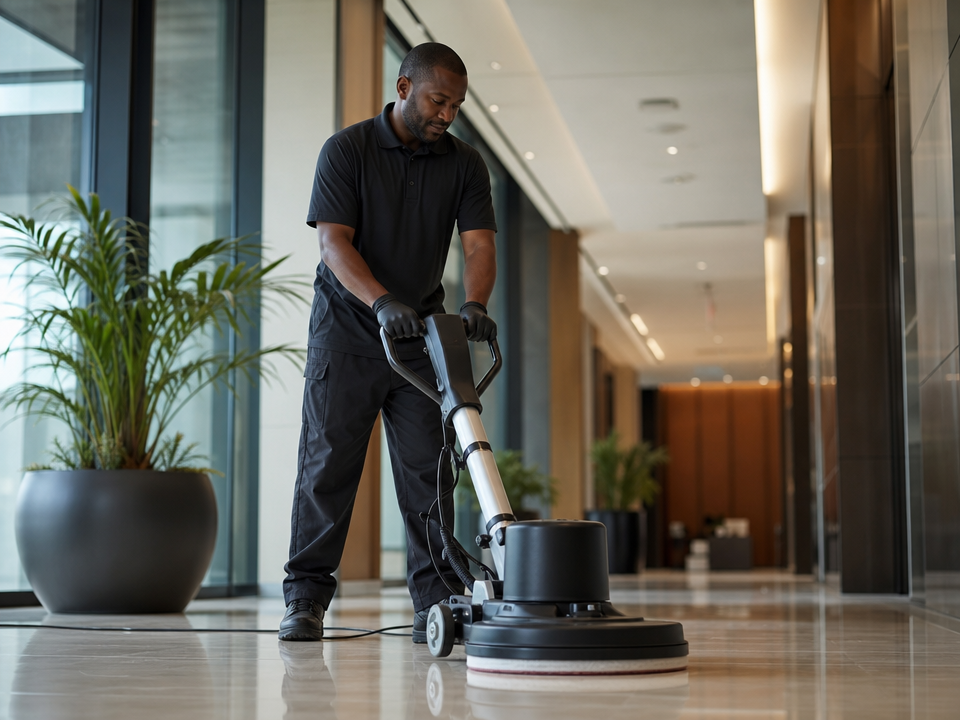 A professional facility services worker maintaining a polished commercial floor