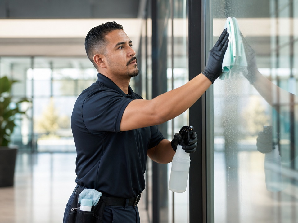 A facility services professional detailing a glass surface in a commercial building
